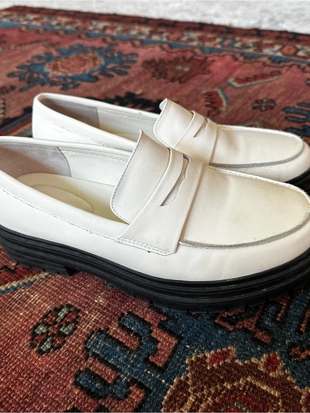 Quince White Leather Penny Loafers with Black Sole
